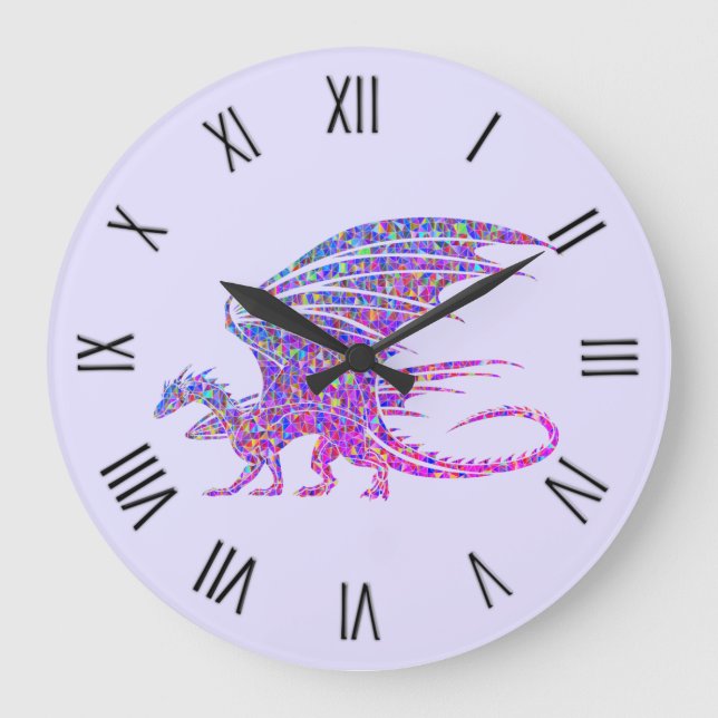 Fantastisk Mosaic Dragon Lila Roman Numerals Stor Klocka (Framsida)