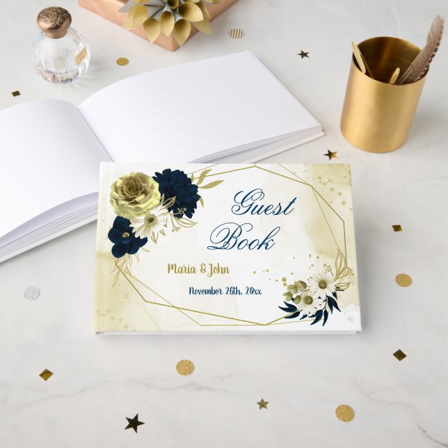 Fantastisk navy blue ivory guld blommor geometric gästböcker (Framsida öppen)