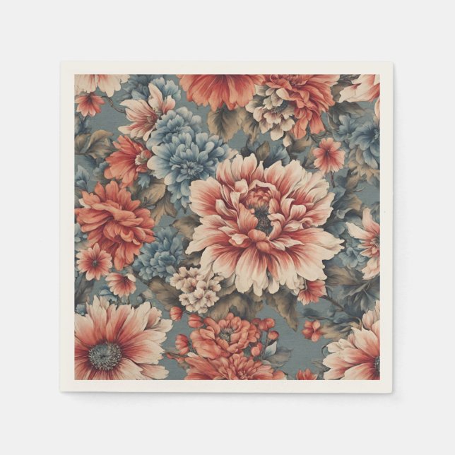 Fantastisk Opulent Vintage Red Blåa blommor Pappersservett (Framsidan)