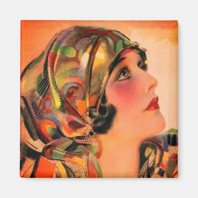 Fantastisk Orange Flapper 20's Gal med Scarf Magne Magnet (Framsidan)