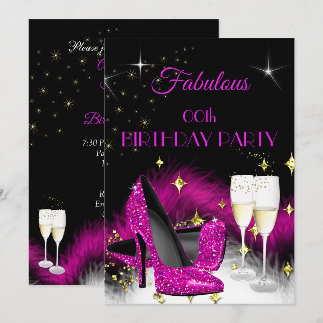 Fantastisk Partyglitter Hot Pink Champagne Inbjudningar (Fram/baksida)