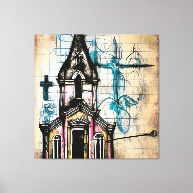 Fantastisk Pencil Sketch, kyrkan, Jesus på Kor Canvastryck (Framsida)