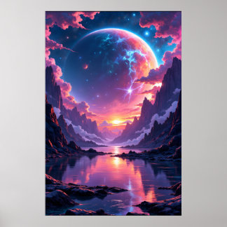 Fantastisk planet stiger över berg och vatten poster