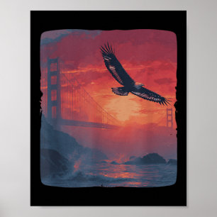 Fantastisk Red Sunset with Bridge and Patriotic Ea Poster