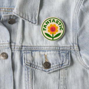 Fantastisk Retro Blomma Glatt Ansikte Positivitet Knapp