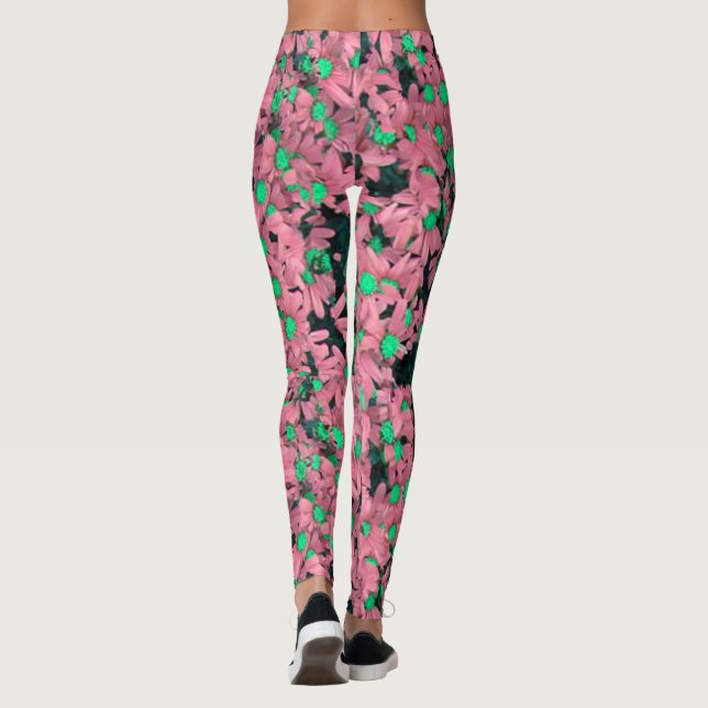 Fantastisk Rosa och Grön Blommig Tryck Leggings (Baksida)