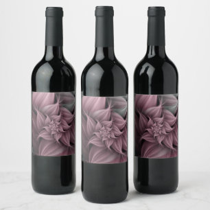 Fantastisk rosenblomma fraktal vinflaska etikett