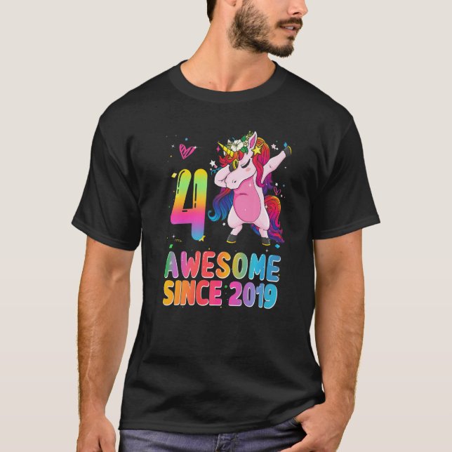 Fantastisk sedan 2019 Dabbing Unicorn 4e födelseda T Shirt (Framsida)