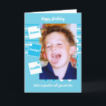 Fantastisk Son Blue och white Birthday Kort<br><div class="desc">Anpassa hälsningskortet till din son,  med ett foto. Designad i blått och vitt. Vi är så stolta att kalla dig vår son. Fantastisk,  underbart. Födelsedagskort för son</div>