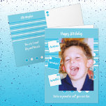 Fantastisk Son Blue och white Birthday Kort<br><div class="desc">Anpassa hälsningskortet till din son,  med ett foto. Designad i blått och vitt. Vi är så stolta att kalla dig vår son. Fantastisk,  underbart. Födelsedagskort för son</div>