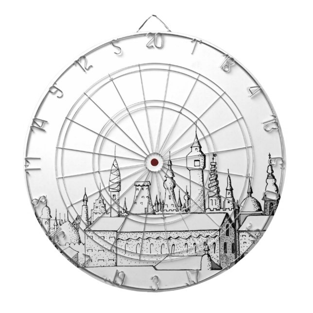 fantastisk stad. konstverk.. svart och vit darttavla (Framsidan)