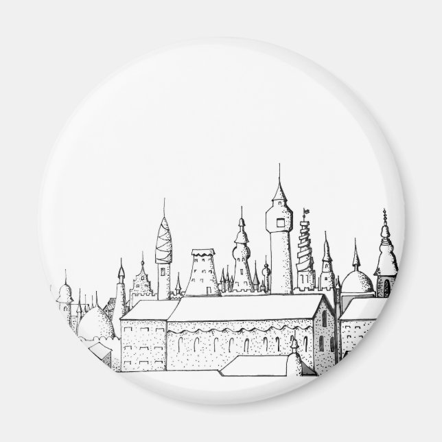 fantastisk stad. konstverk.. svart och vit magnet (Framsidan)