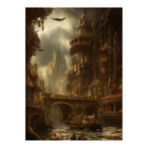 Fantastisk stad vid bron över byggnad