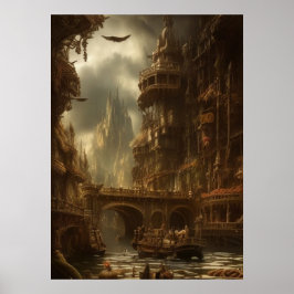 Fantastisk stad vid bron över byggnad poster