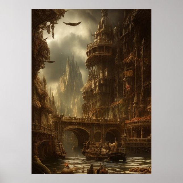 Fantastisk stad vid bron över byggnad poster (Framsidan)