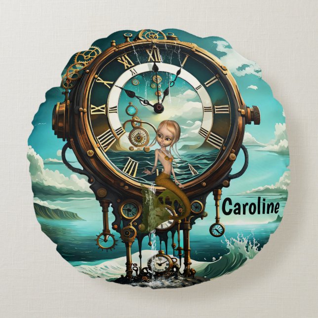 Fantastisk steampunk-havsklocka rund kudde (Framsidan)