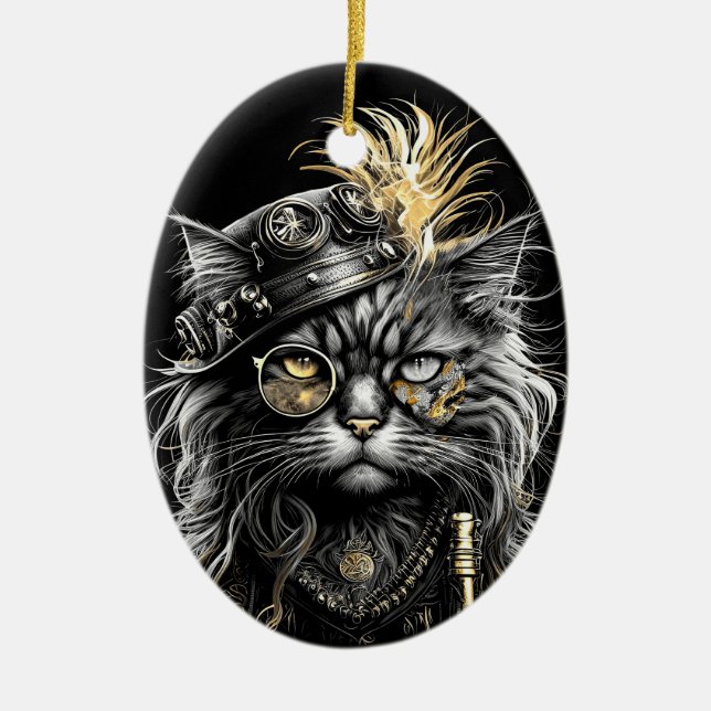 Fantastisk Steampunk Katt  Julgransprydnad Keramik (Framsidan)