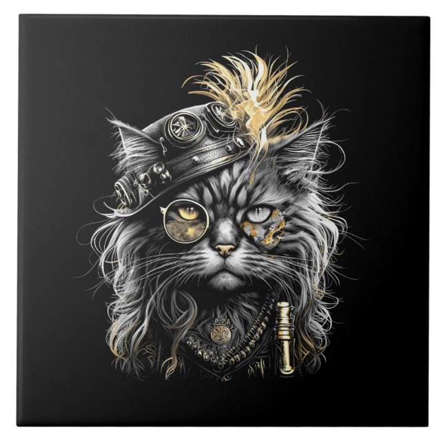 Fantastisk Steampunk Katt  Kakelplatta (Framsidan)