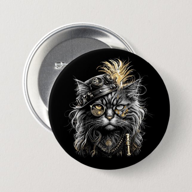Fantastisk Steampunk Katt  Knapp (Framsida & baksida)