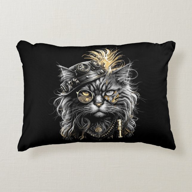 Fantastisk Steampunk Katt  Prydnadskudde (Framsidan)