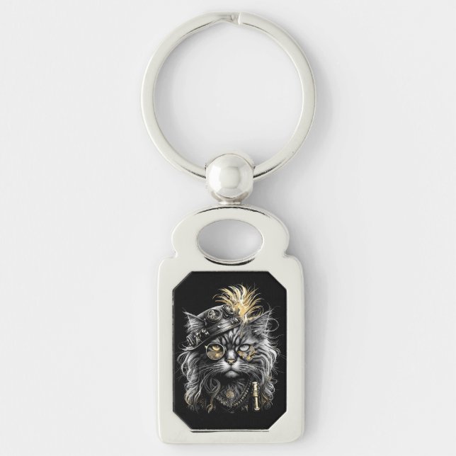 Fantastisk Steampunk Katt  Rektangulärt Silverfärgad Nyckelring (Framsidan)