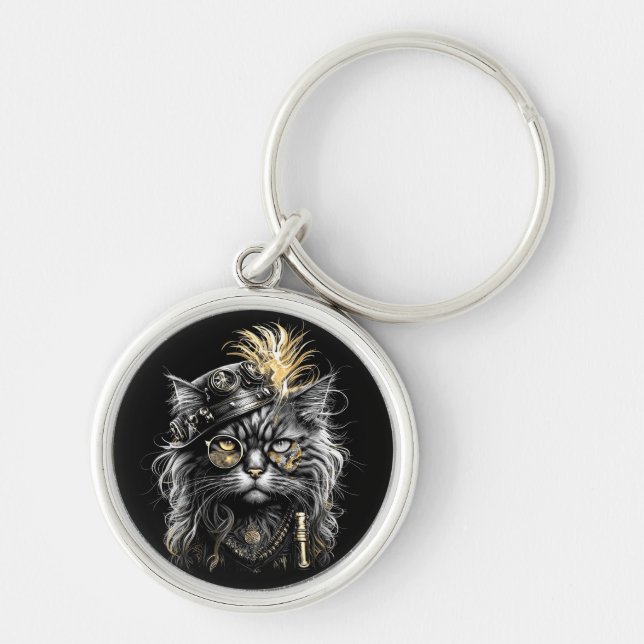 Fantastisk Steampunk Katt  Rund Silverfärgad Nyckelring (Framsidan)