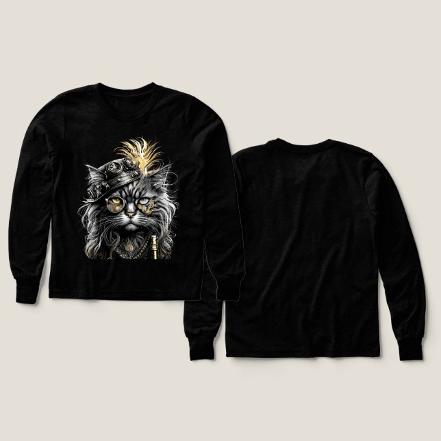 Fantastisk Steampunk Katt  T Shirt (Design framsida och baksida)