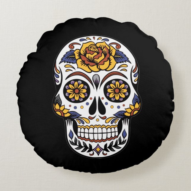 Fantastisk Sugar Skull Rund Kudde (Framsidan)