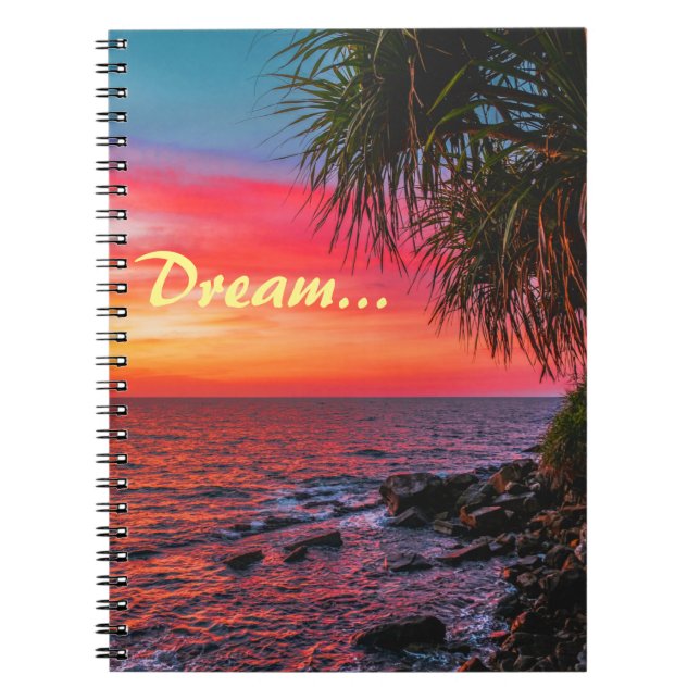 Fantastisk Tropical Ocean Handflatan Sunset Dream Anteckningsbok (Framsidan)