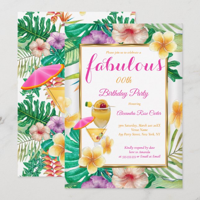 Fantastisk Tropisk Cocktail Blommig Fest Inbjudningar (Fram/baksida)