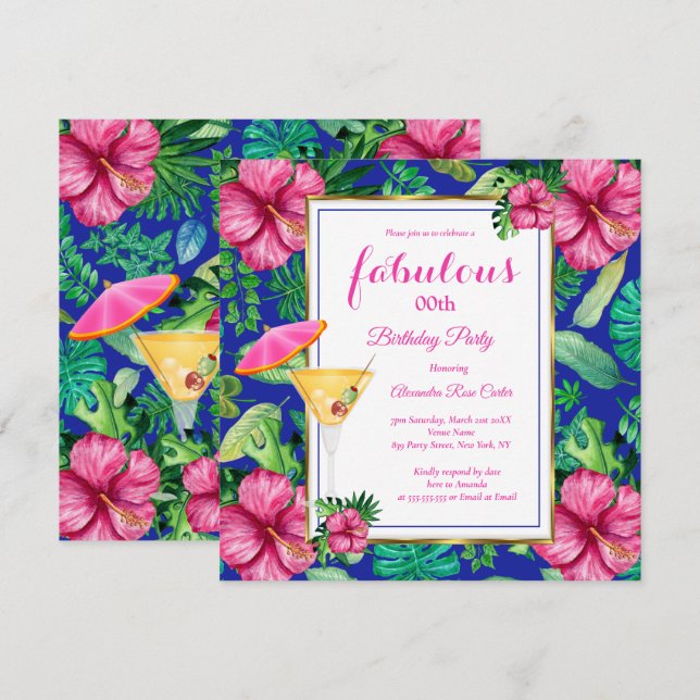 Fantastisk Tropisk Cocktail Blommig födelsedagsfes Inbjudningar (Fram/baksida)