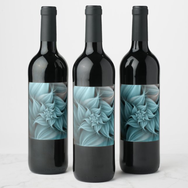 Fantastisk Turkos Flower Fractal Vinflaska Etikett (Flaskor)