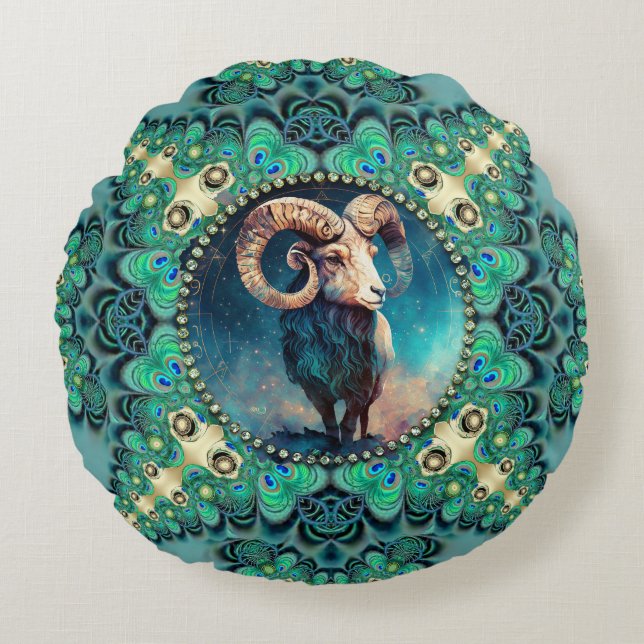 Fantastisk Väduren Zodiak Grön Blå Fraktal Spets Rund Kudde (Framsidan)