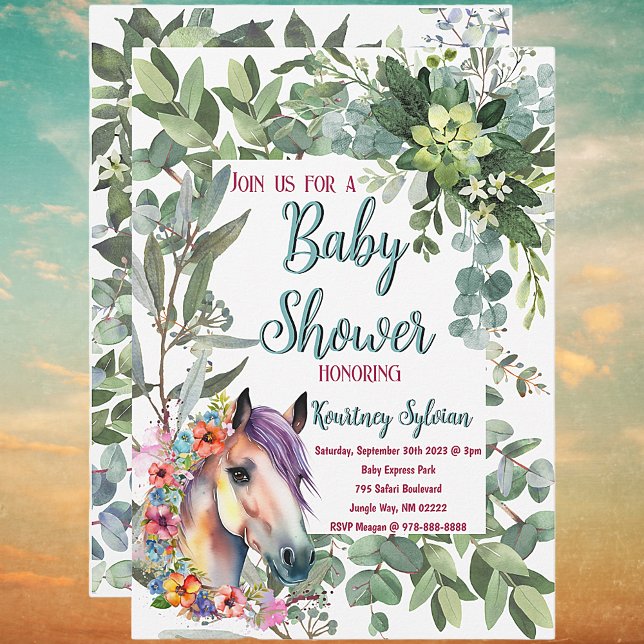 Fantastisk vattenfärgsskare för Blommigt av häst,  Inbjudningar (Horse Lovers Baby Shower Invitations )