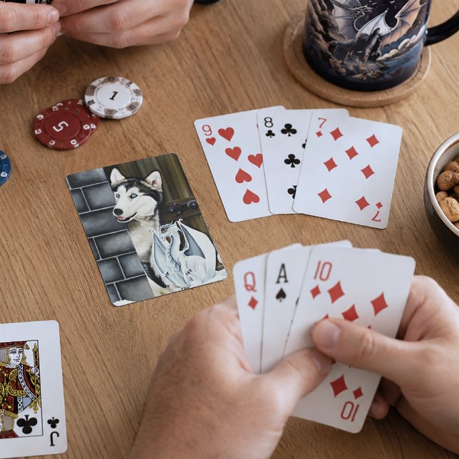 Fantastisk Vinterfantasi Husky Hund Drak Slott Casinokort (Skapare uppladdad)