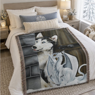 Fantastisk vinterfantasi Huskyhund Drakeslott Filt