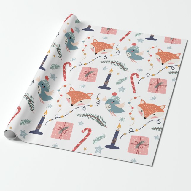Fantastisk vinterräv & fågel julmönster presentpapper (Utrullad)