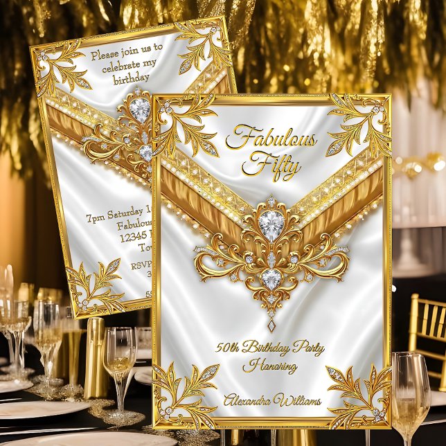Fantastisk vit silke guld diamanter födelsedagsfes inbjudningar (Skapare uppladdad)