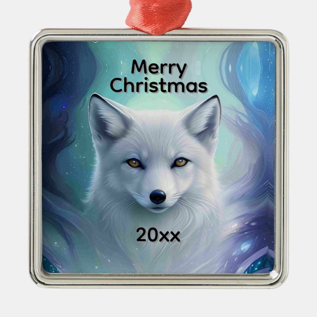 Fantastisk White Snö Fox på Isig Land Julgransprydnad Metall (Framsidan)