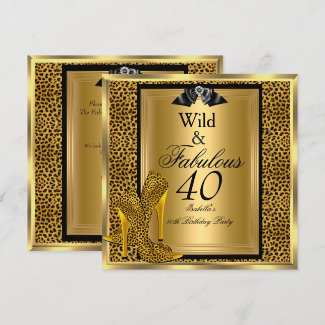 Fantastisk Wild 40 40-årsfest Guld Leopard Inbjudningar (Fram/baksida)