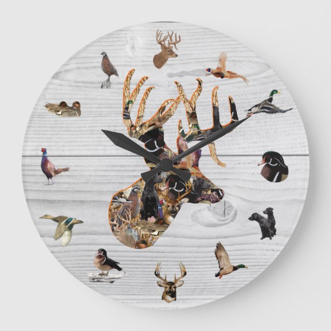 Fantastisk Wildlife Collage Buck Head Hjort Huntin Stor Klocka (Framsida)