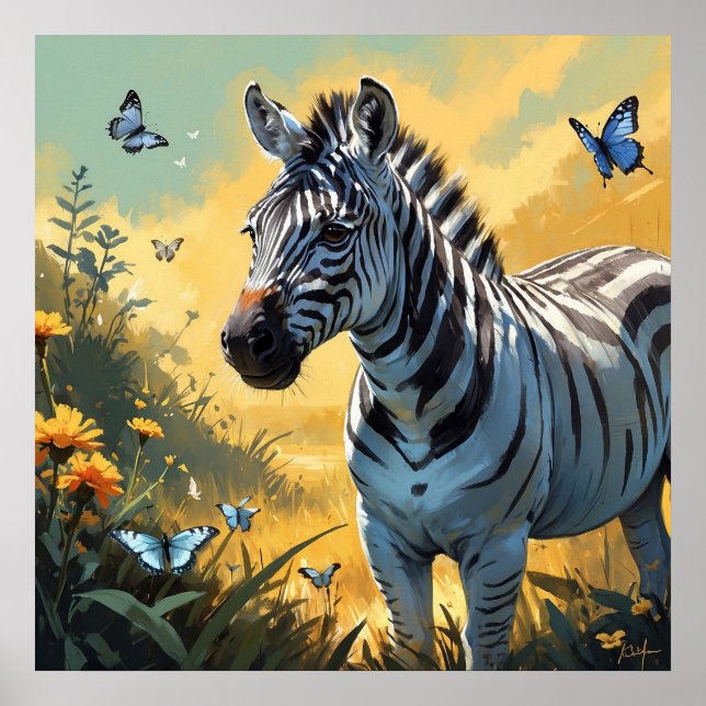 Fantastisk Zebra i Vild med Butterflies Wildlife Poster (Framsidan)