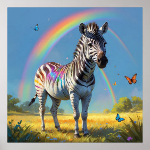 Fantastisk Zebra i Vild med regnbåge och fjärilar Poster