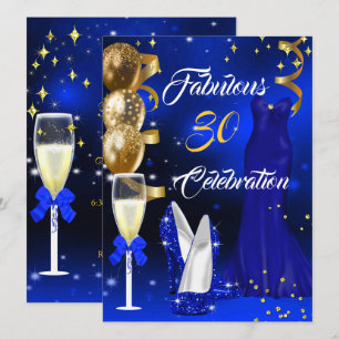 Fantastiska 30-champagnefest Royalblå klackar Guld Inbjudningar