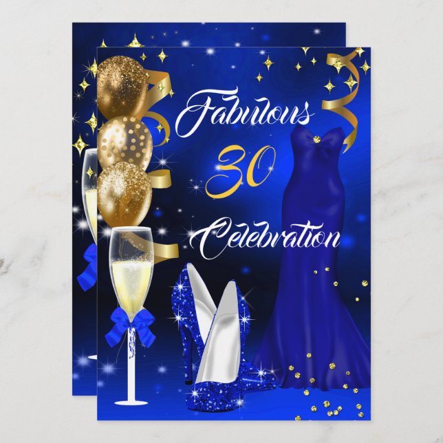 Fantastiska 30-champagnefest Royalblå klackar Guld Inbjudningar (Fram/baksida)