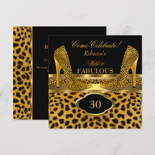 Fantastiska 30 Wild Leopard Guld Cheetah Höga Klac Inbjudningar (Fram/baksida)