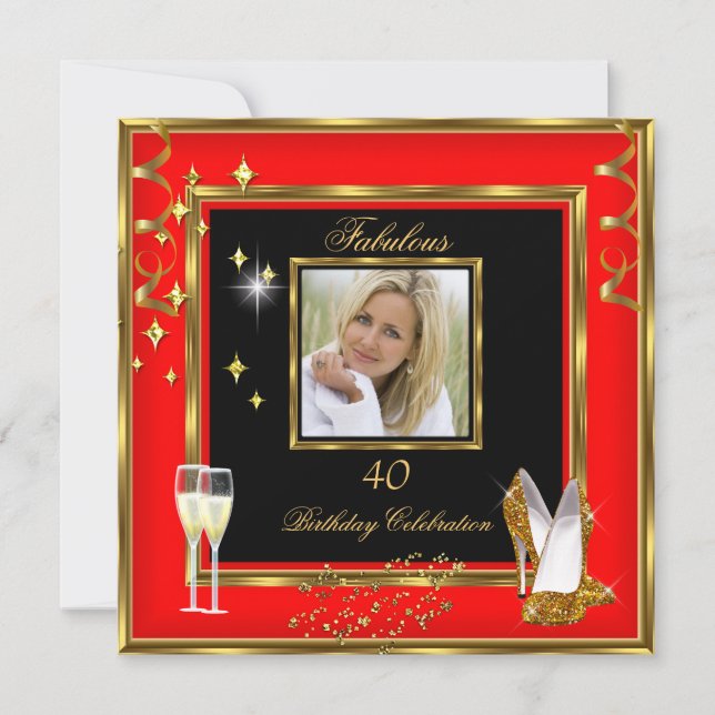 Fantastiska 40 Foto Röda Guld Champagne Klackar Inbjudningar (Framsida)