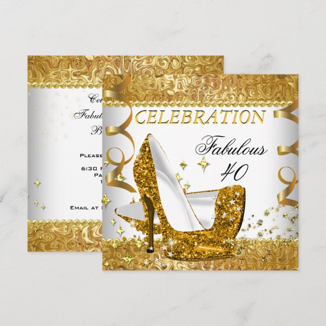 Fantastiska 40 Glitter Vita Guld Klackar Födelseda Inbjudningar (Fram/baksida)