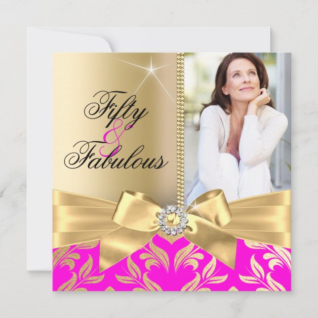 Fantastiska 50-års Pink Gold Leaf & Bow 50-årsdag Inbjudningar (Framsida)