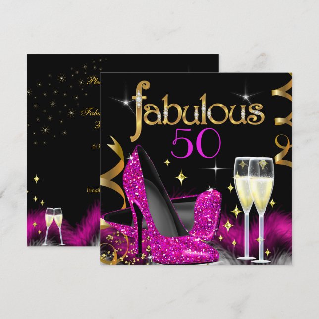 Fantastiska 50-årsfest Rosa Klackskor Guld Svart Inbjudningar (Fram/baksida)